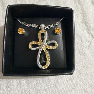 Silver tone Cross Pendant Necklace with Yellow Crystal Accents - Women Jewelry